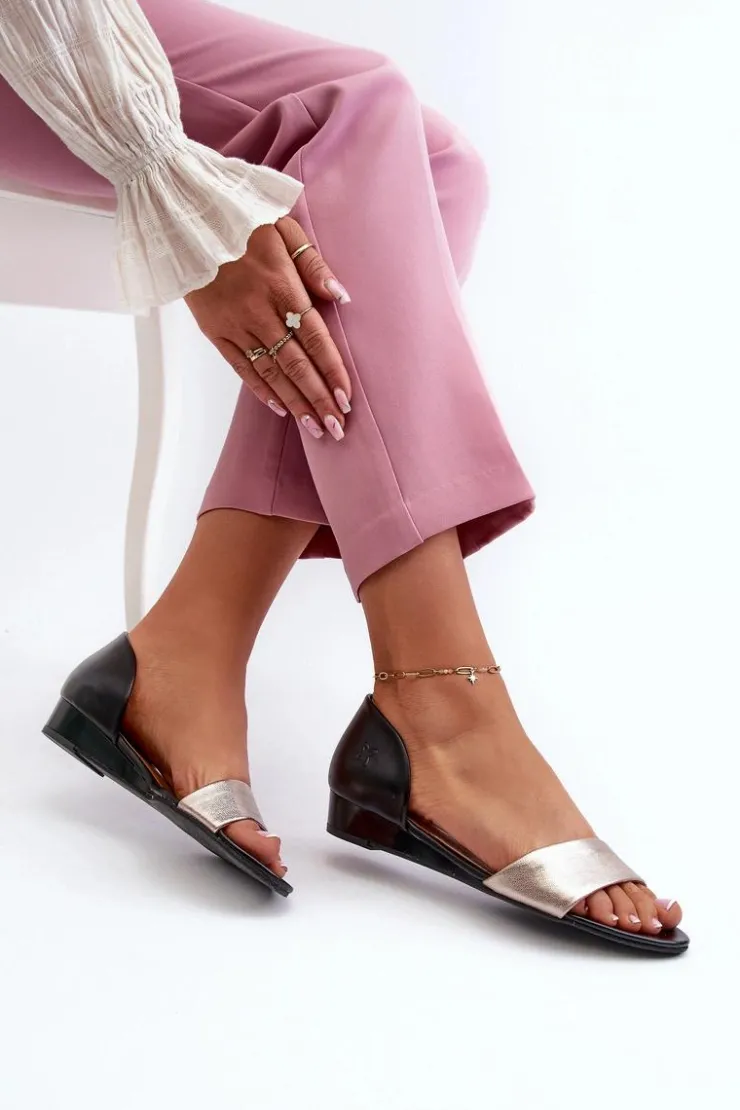 Clearance Maciejka Skórzane Sandały 1971-67 Czarno-Złote Złoty