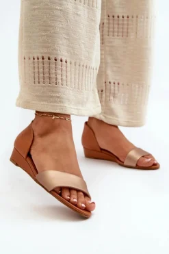 Maciejka Sandały Na Koturnie|Sandały Płaskie*Skórzane Sandały 1971-68 Brązowo-Złote Złoty