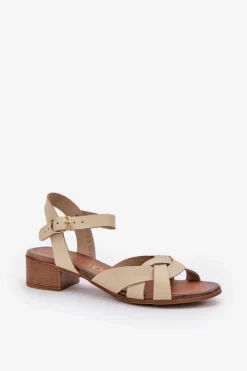 Damskie Zazoo Skórzane Sandały Na Delikatnym Obcasie 40372 Jasnobeżowe