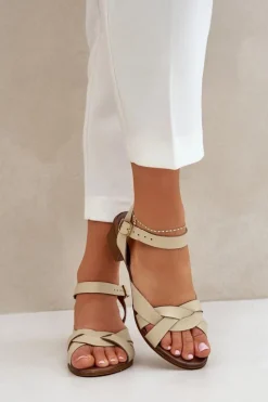 Damskie Zazoo Skórzane Sandały Na Delikatnym Obcasie 40372 Jasnobeżowe