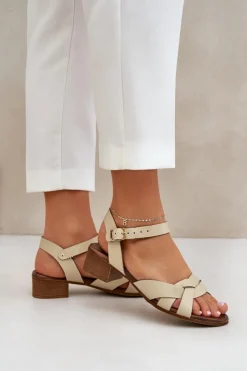 Damskie Zazoo Skórzane Sandały Na Delikatnym Obcasie 40372 Jasnobeżowe