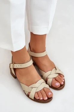 Damskie Zazoo Skórzane Sandały Na Delikatnym Obcasie 40372 Jasnobeżowe