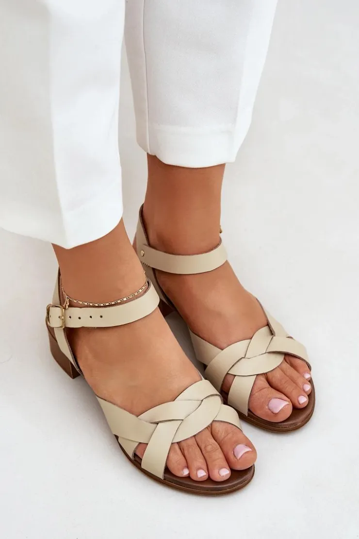 Damskie Zazoo Skórzane Sandały Na Delikatnym Obcasie 40372 Jasnobeżowe