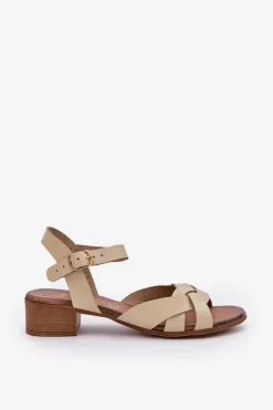 Damskie Zazoo Skórzane Sandały Na Delikatnym Obcasie 40372 Jasnobeżowe