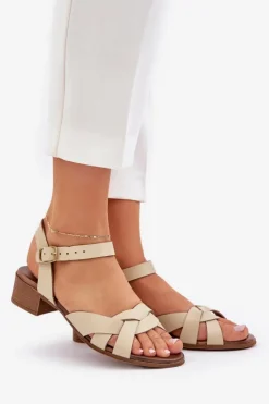 Damskie Zazoo Skórzane Sandały Na Delikatnym Obcasie 40372 Jasnobeżowe