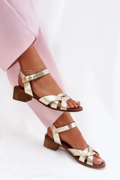 Damskie Zazoo Skórzane Sandały Na Delikatnym Obcasie 40372 Złote