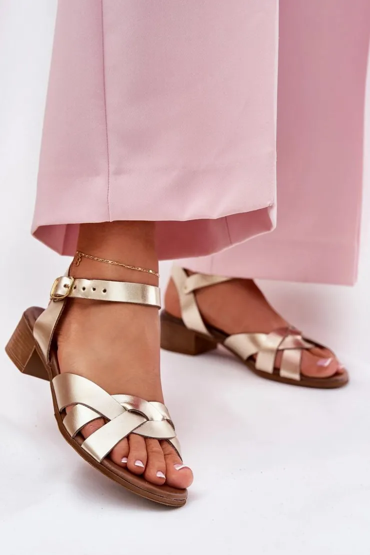 Damskie Zazoo Skórzane Sandały Na Delikatnym Obcasie 40372 Złote