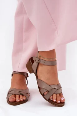 Sale Zazoo Skórzane Sandały Na Delikatnym Obcasie 40372 Ciemnobeżowe Beżowy