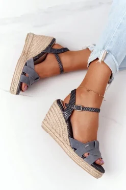 Big Star Shoes Sandały Big Star|Sandały Na Koturnie*Skórzane Sandały Na Koturnie Big Star HH274378 Srebrne