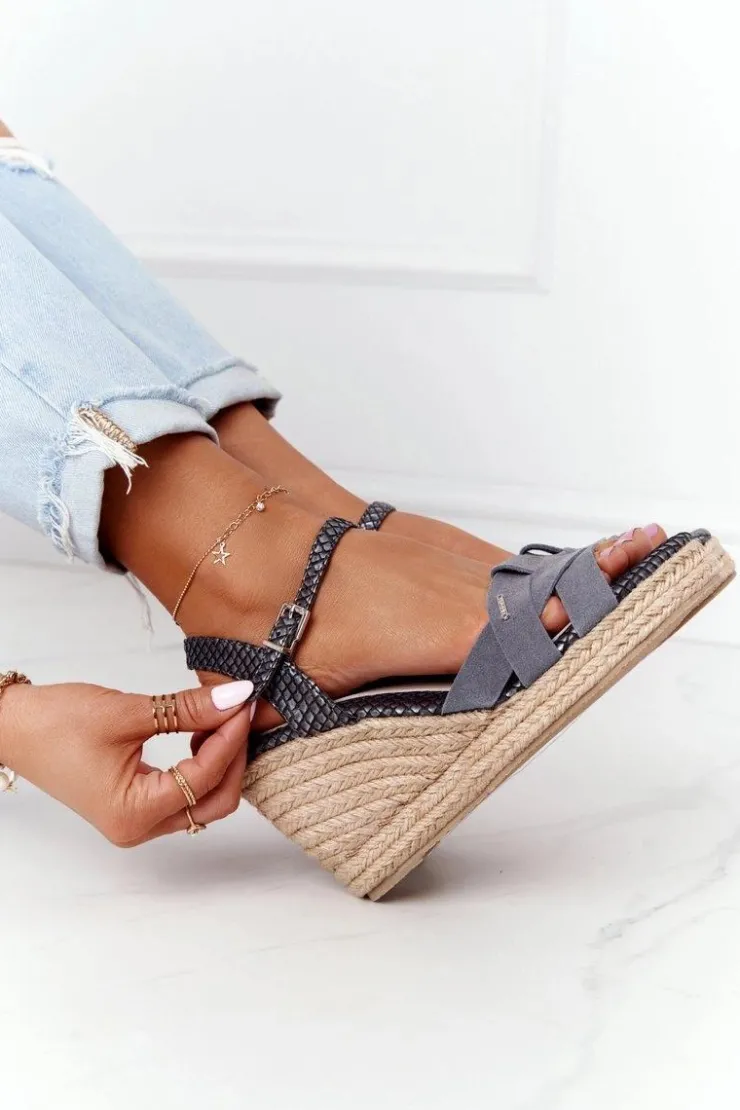 Big Star Shoes Sandały Big Star|Sandały Na Koturnie*Skórzane Sandały Na Koturnie Big Star HH274378 Srebrne