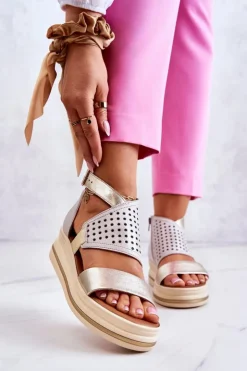 Damskie Maciejka Skórzane Sandały Na Koturnie 05356-25 Beżowo-Złote