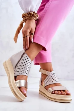 Damskie Maciejka Skórzane Sandały Na Koturnie 05356-25 Beżowo-Złote