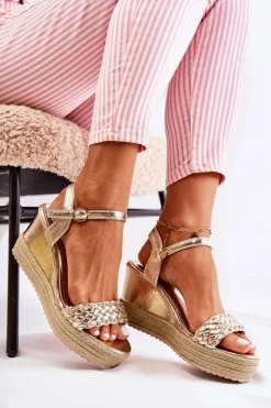 Discount Boto Skórzane Sandały Na Koturnie Złote Gabriela