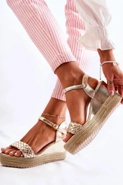 Discount Boto Skórzane Sandały Na Koturnie Złote Gabriela