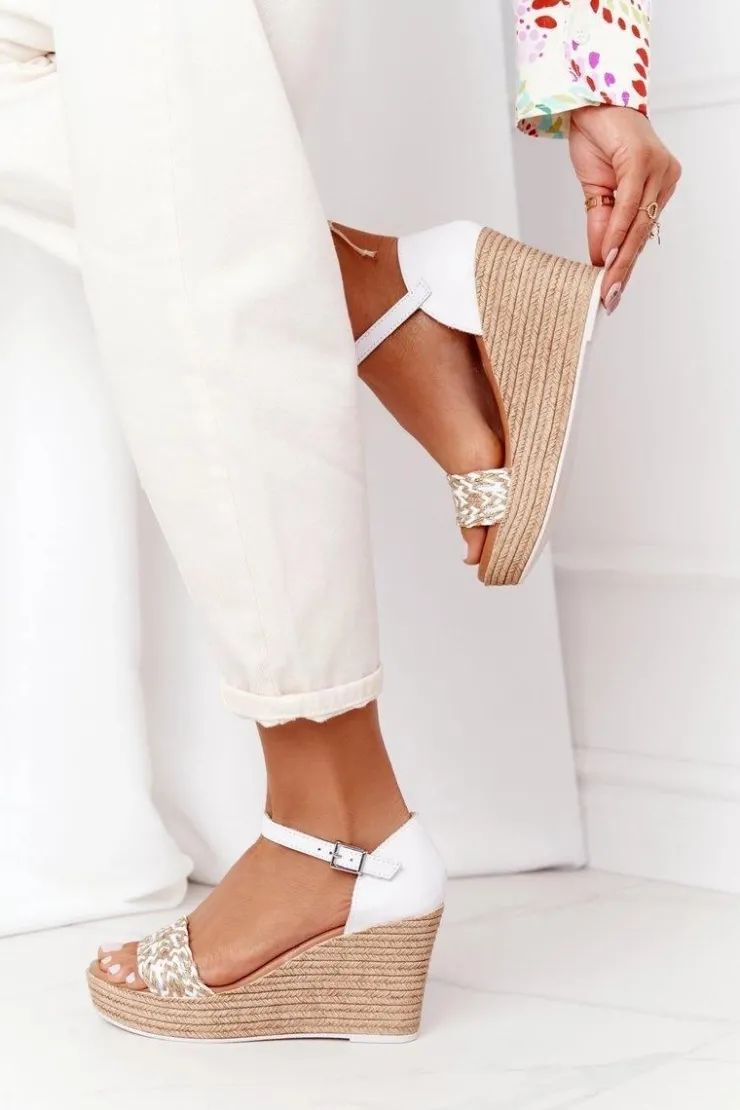 Maciejka Sandały Na Koturnie*Skórzane Sandały Na Koturnie L4869-11 Białe