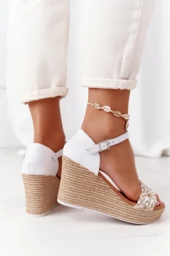 Maciejka Sandały Na Koturnie*Skórzane Sandały Na Koturnie L4869-11 Białe