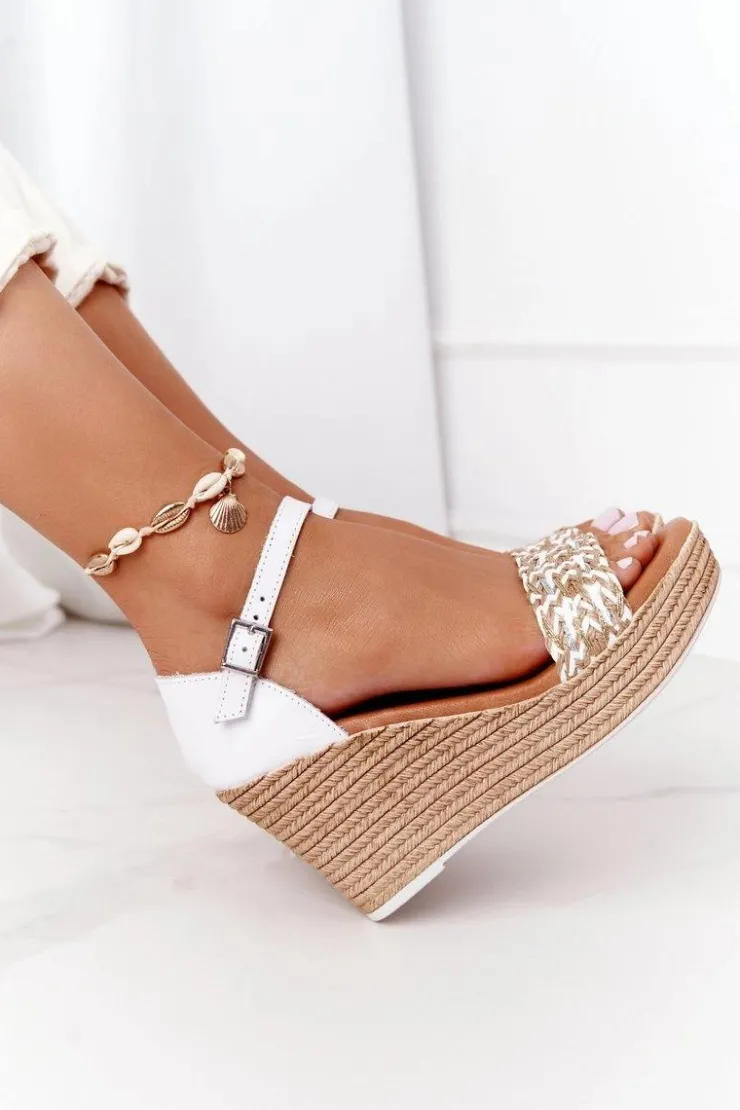 Maciejka Sandały Na Koturnie*Skórzane Sandały Na Koturnie L4869-11 Białe