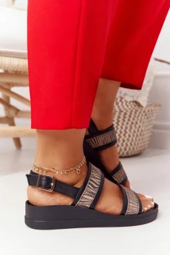 Damskie Laura Messi Skórzane Sandały Na Koturnie 2232 Czarne