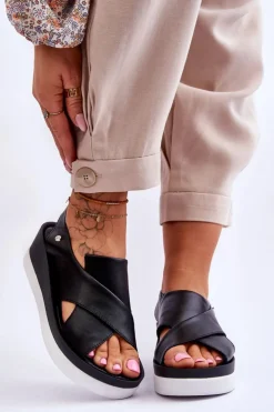 Damskie Zazoo Skórzane Sandały Na Koturnie Czarne Morgan