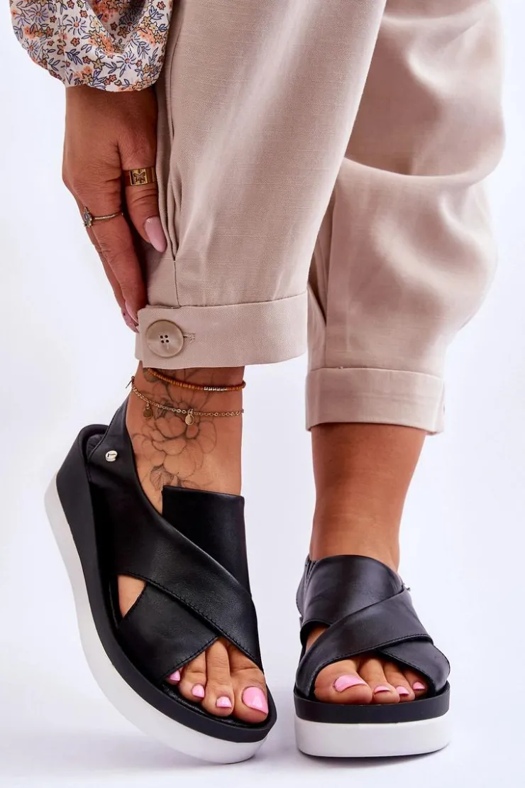 Damskie Zazoo Skórzane Sandały Na Koturnie Czarne Morgan