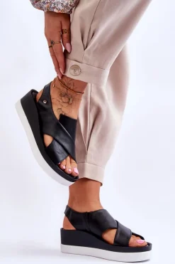 Damskie Zazoo Skórzane Sandały Na Koturnie Czarne Morgan