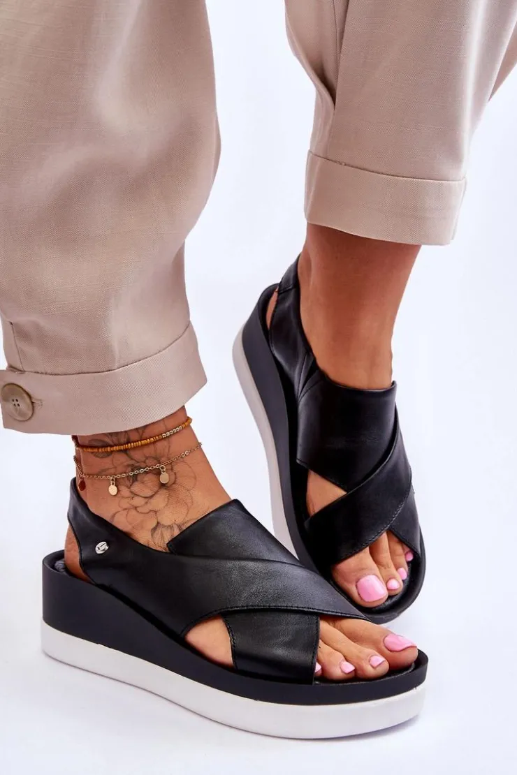 Damskie Zazoo Skórzane Sandały Na Koturnie Czarne Morgan