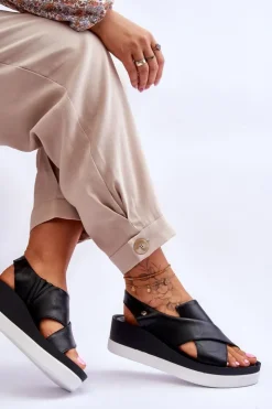 Damskie Zazoo Skórzane Sandały Na Koturnie Czarne Morgan