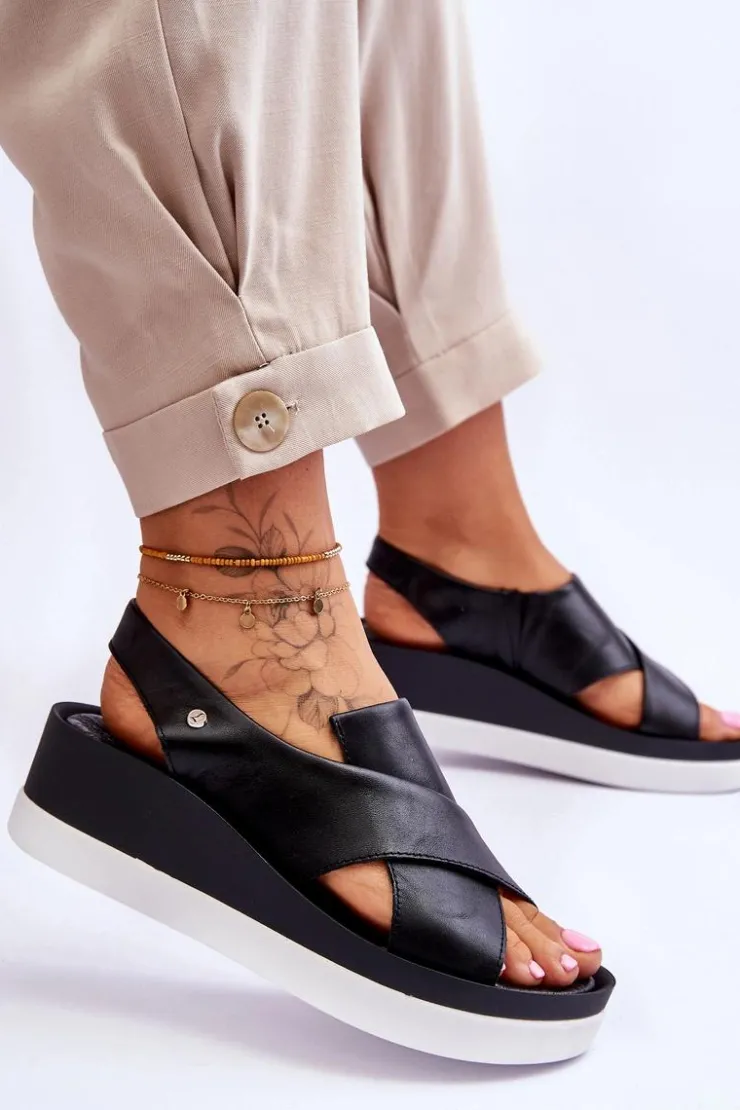 Damskie Zazoo Skórzane Sandały Na Koturnie Czarne Morgan