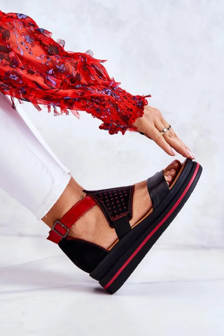 Maciejka Sandały Na Koturnie*Skórzane Sandały Na Koturnie 05356-01 Czarno-Czerwone