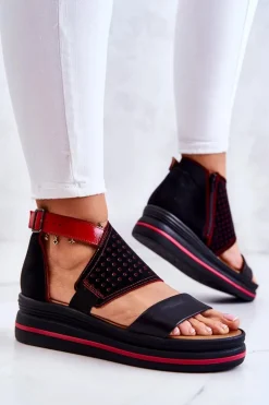 Maciejka Sandały Na Koturnie*Skórzane Sandały Na Koturnie 05356-01 Czarno-Czerwone