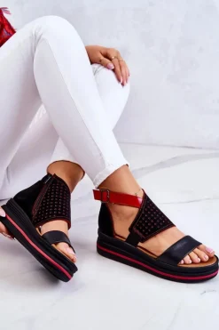 Maciejka Sandały Na Koturnie*Skórzane Sandały Na Koturnie 05356-01 Czarno-Czerwone