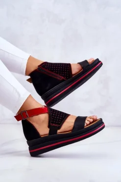 Maciejka Sandały Na Koturnie*Skórzane Sandały Na Koturnie 05356-01 Czarno-Czerwone