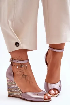 Sale Laura Messi Skórzane Sandały Na Koturnie 2603/783 Srebrne