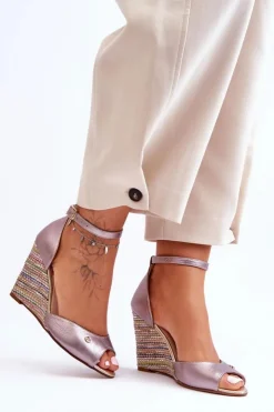 Sale Laura Messi Skórzane Sandały Na Koturnie 2603/783 Srebrne