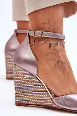 Sale Laura Messi Skórzane Sandały Na Koturnie 2603/783 Srebrne