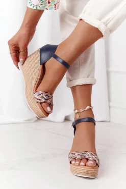 Damskie Maciejka Skórzane Sandały Na Koturnie L4869-17 Granatowe