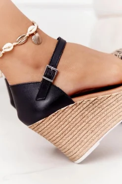 New Maciejka Skórzane Sandały Na Koturnie L4869-01 Czarne