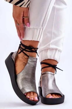 Damskie Zazoo Skórzane Sandały Na Koturnie Nicole 2743/063 Srebrno-Czarne