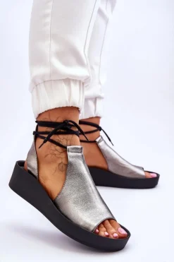 Damskie Zazoo Skórzane Sandały Na Koturnie Nicole 2743/063 Srebrno-Czarne