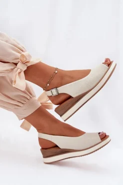 Damskie Artiker Skórzane Sandały Na Koturnie 56C2316 Jasnobeżowe