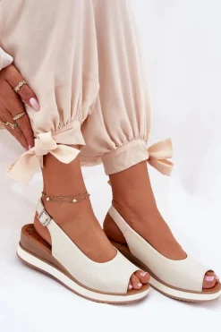 Damskie Artiker Skórzane Sandały Na Koturnie 56C2316 Jasnobeżowe