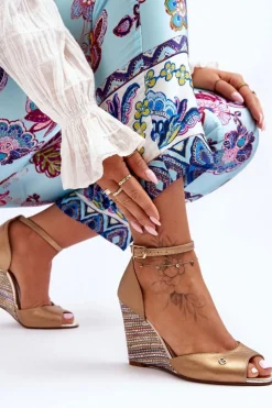 Laura Messi Sandały Na Obcasie|Sandały Na Koturnie*Skórzane Sandały Na Koturnie 2603/784 Złote