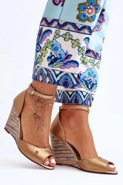 Laura Messi Sandały Na Obcasie|Sandały Na Koturnie*Skórzane Sandały Na Koturnie 2603/784 Złote