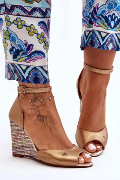 Laura Messi Sandały Na Obcasie|Sandały Na Koturnie*Skórzane Sandały Na Koturnie 2603/784 Złote