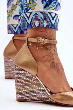 Laura Messi Sandały Na Obcasie|Sandały Na Koturnie*Skórzane Sandały Na Koturnie 2603/784 Złote