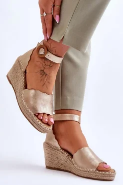 Evento Sandały Na Obcasie|Sandały Na Koturnie*Skórzane Sandały Na Koturnie Comfort Shoe Złote Verola