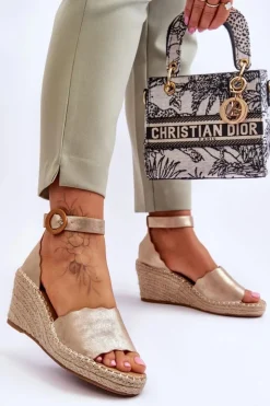 Evento Sandały Na Obcasie|Sandały Na Koturnie*Skórzane Sandały Na Koturnie Comfort Shoe Złote Verola