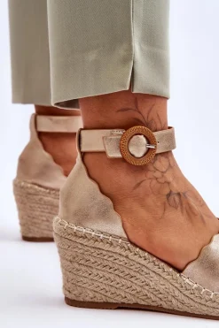 Evento Sandały Na Obcasie|Sandały Na Koturnie*Skórzane Sandały Na Koturnie Comfort Shoe Złote Verola