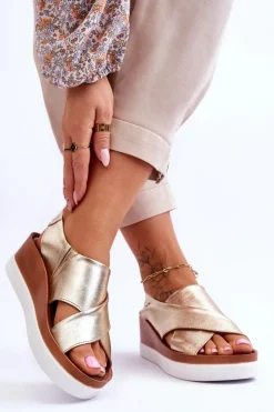 Zazoo Sandały Na Obcasie|Sandały Na Koturnie*Skórzane Sandały Na Koturnie Złote Morgan Złoty