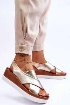 Zazoo Sandały Na Obcasie|Sandały Na Koturnie*Skórzane Sandały Na Koturnie Złote Morgan Złoty